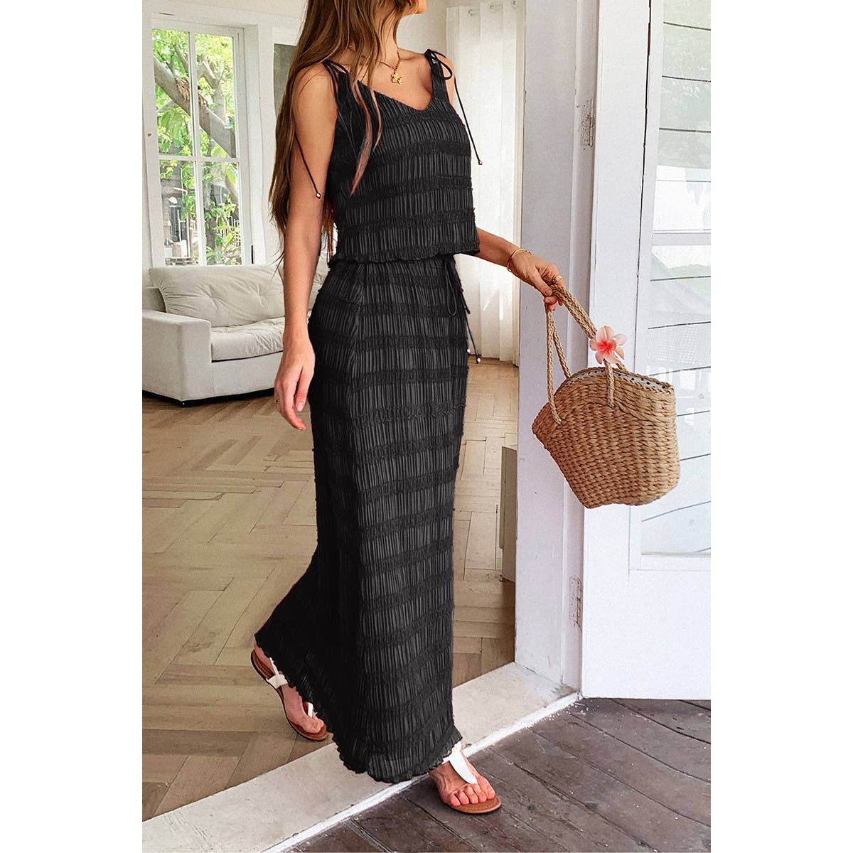 Solid Two Piece Strappy Maxi Skirt Crop Top Set