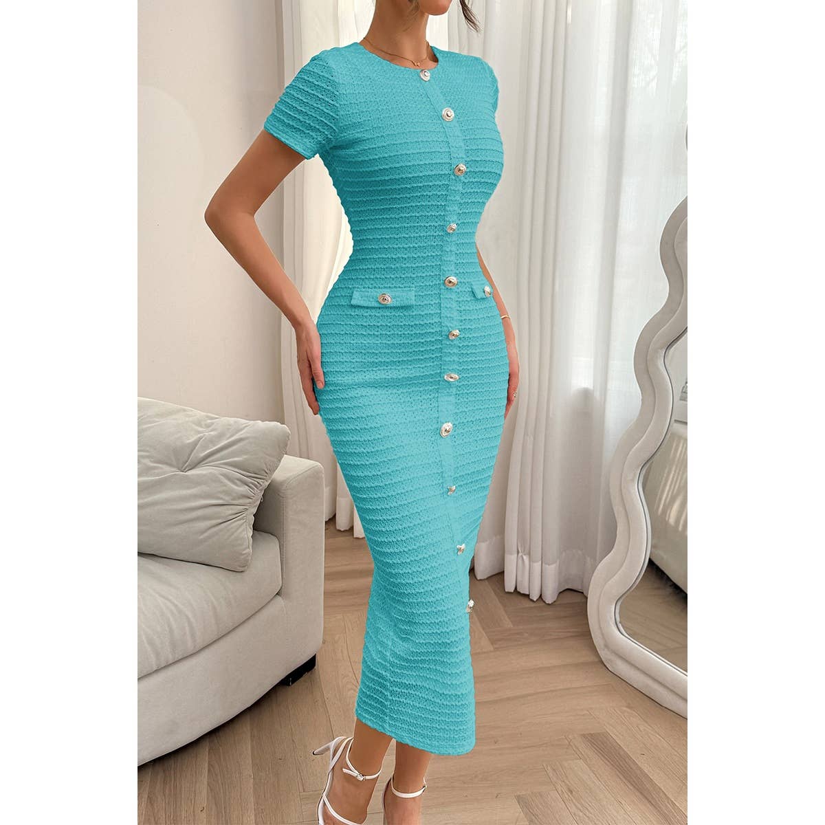 Solid Buckle Design Zipper Split Short Sleeve Dress