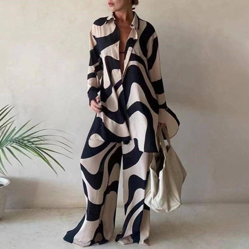 Printed Loose Fit Long Sleeve Shirt And Straight Leg Pants