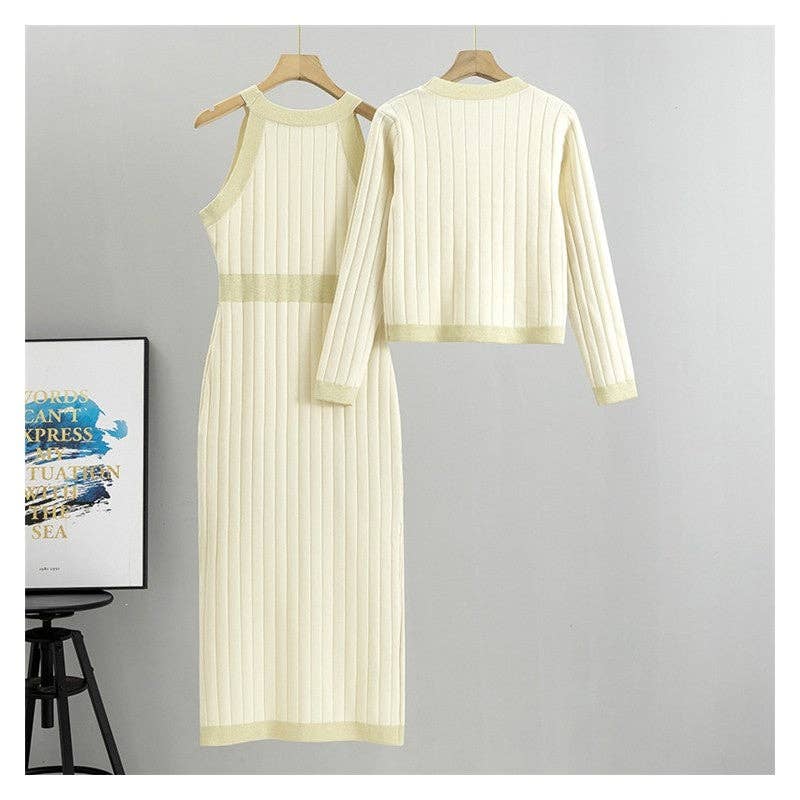 Fashion Knitted Sweater High Waist Vest Dress Set