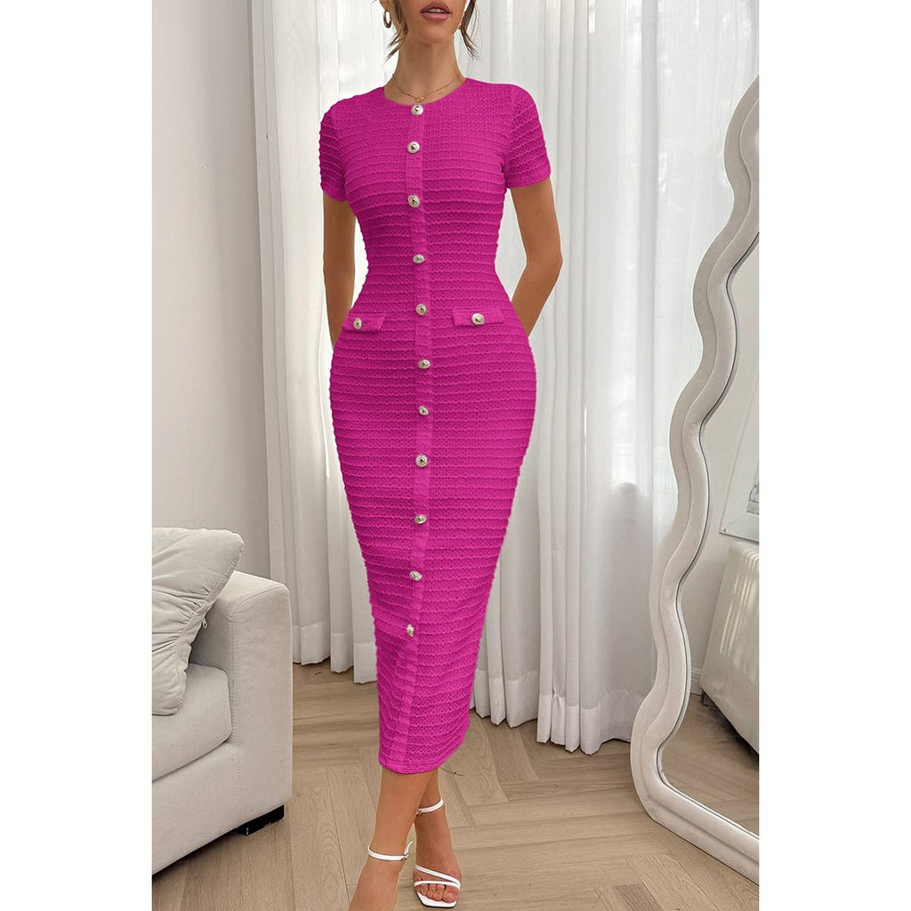 Solid Buckle Design Zipper Split Short Sleeve Dress