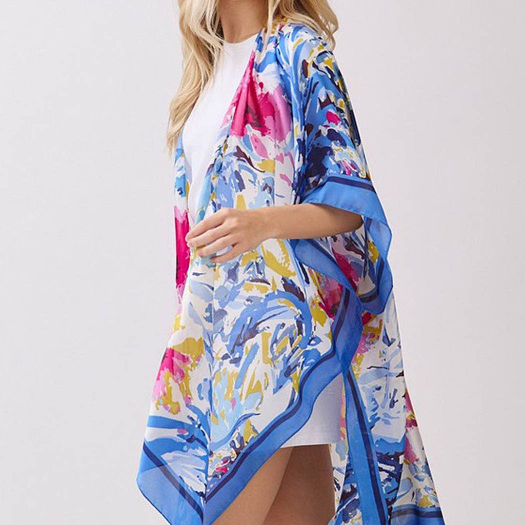 Abstract Floral Print Silky Feel Kimono