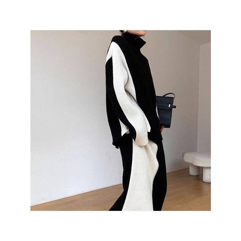 Fashionable Color-Blocking Sweater And Skirt Set