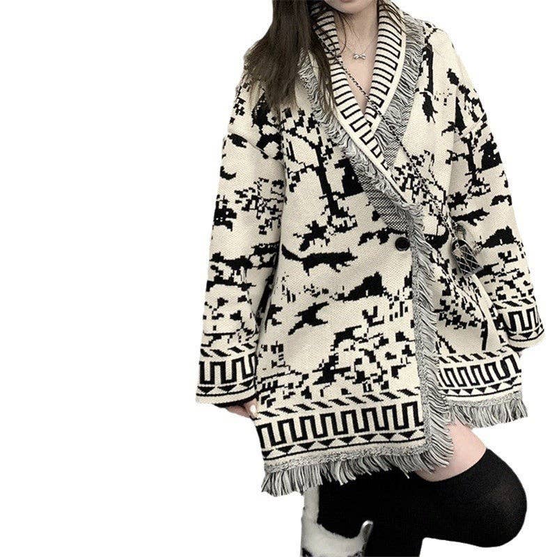 Color Block Retro Loose Embossed Tassel Knitted Cardigan