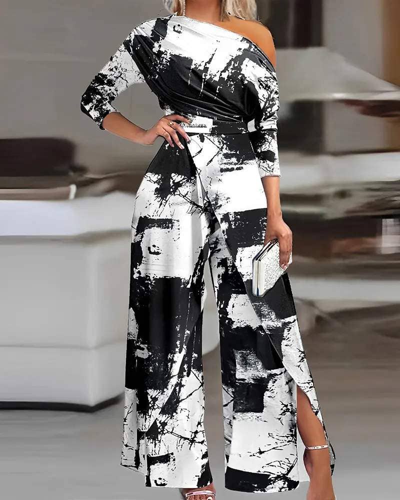 Tie dye print cold shoulder slit wide leg jumpsuit