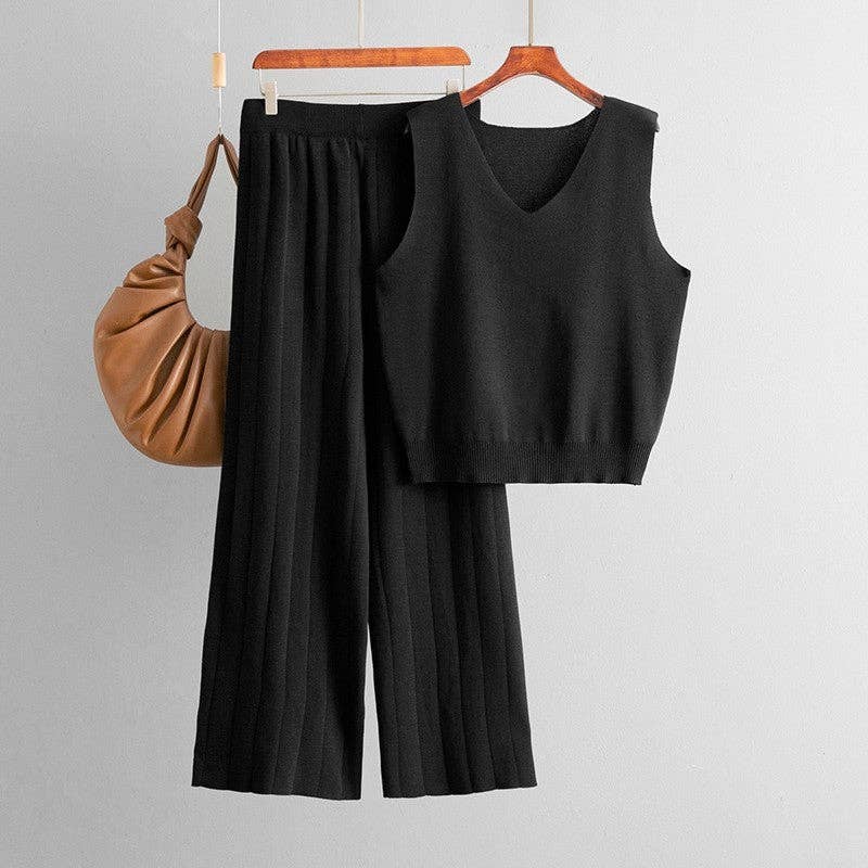 V Neck Solid Knit Tank Top High Waist Wide Leg Set
