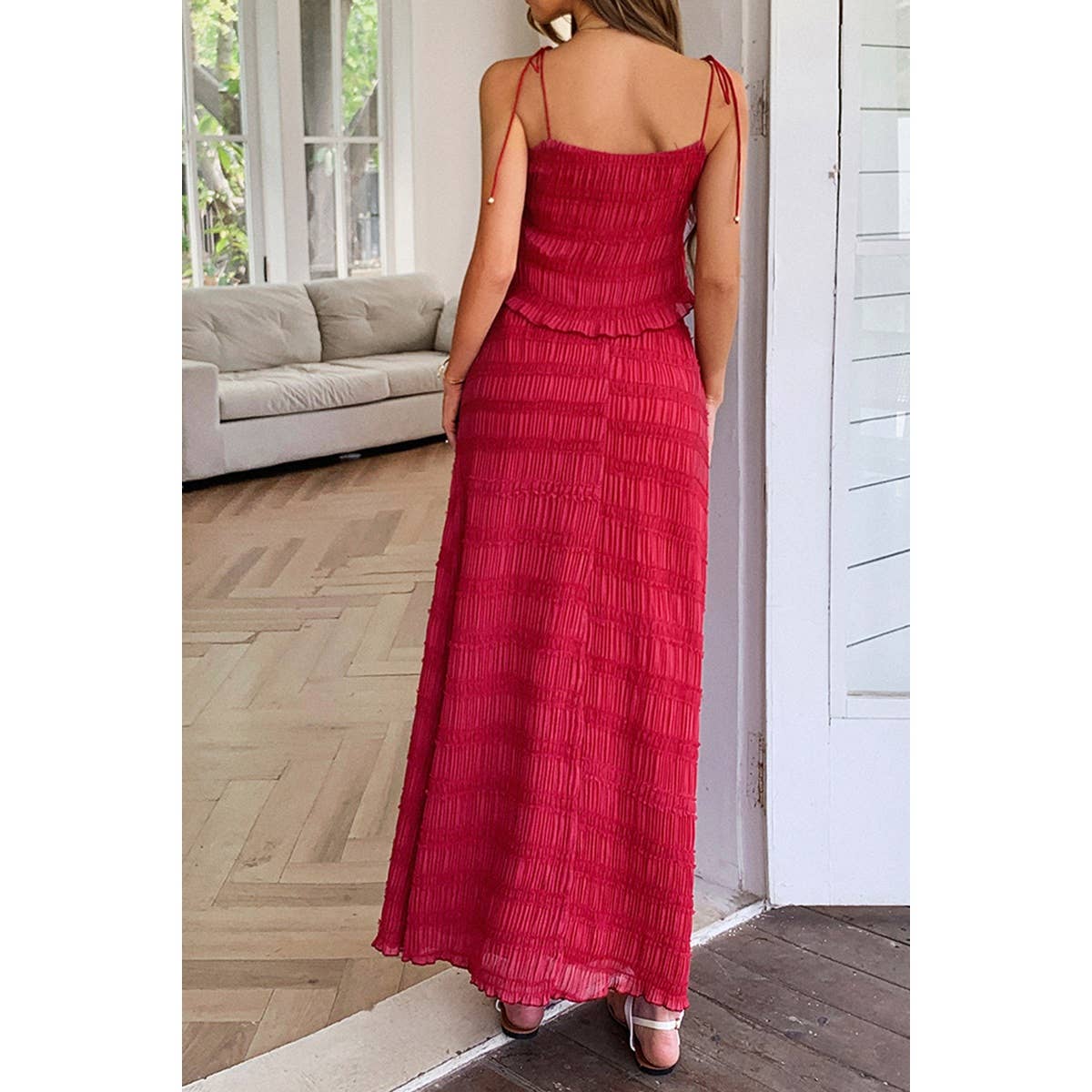 Solid Two Piece Strappy Maxi Skirt Crop Top Set