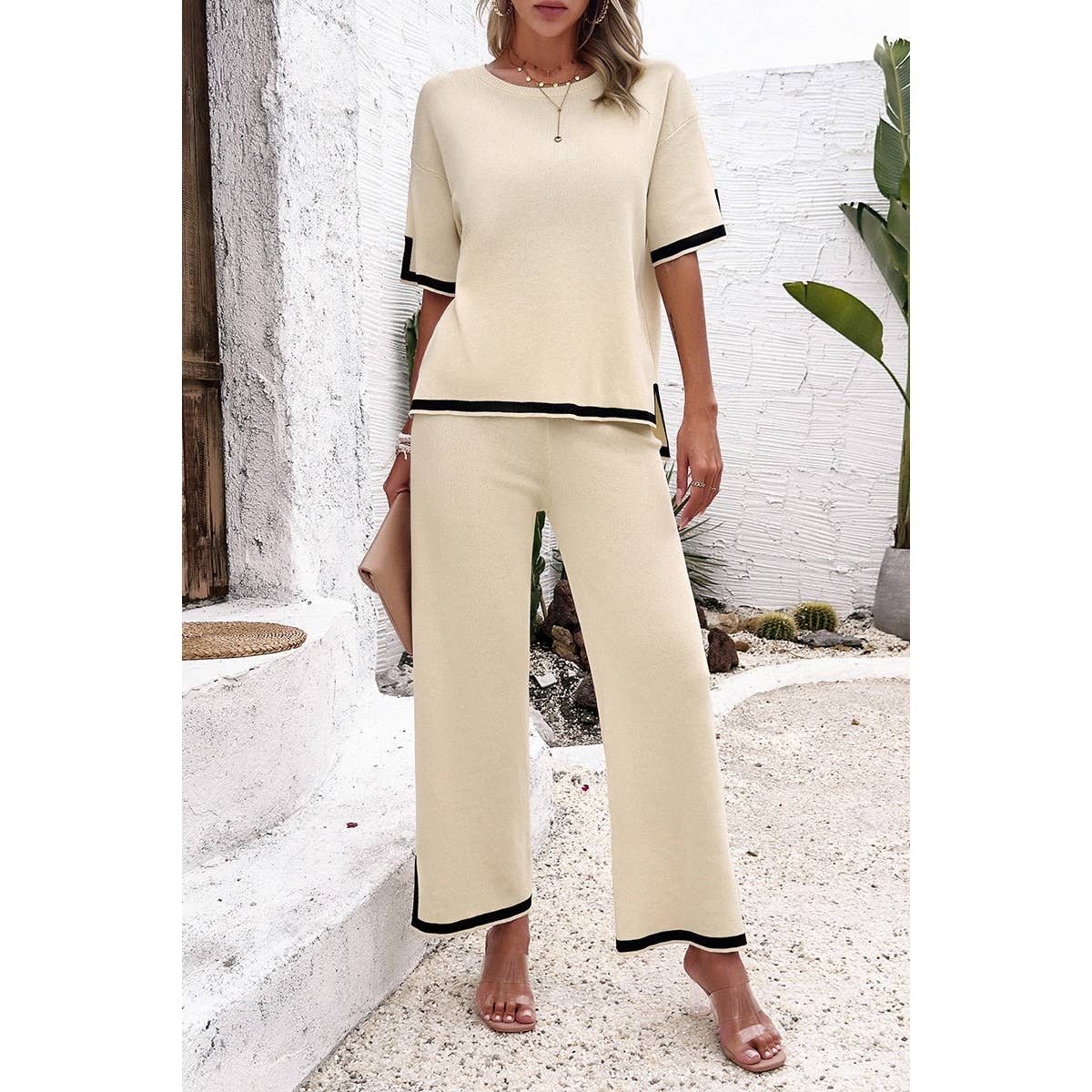 Two Pieces Outfits Knit Short Sleeve Wide Leg Lounge Sets