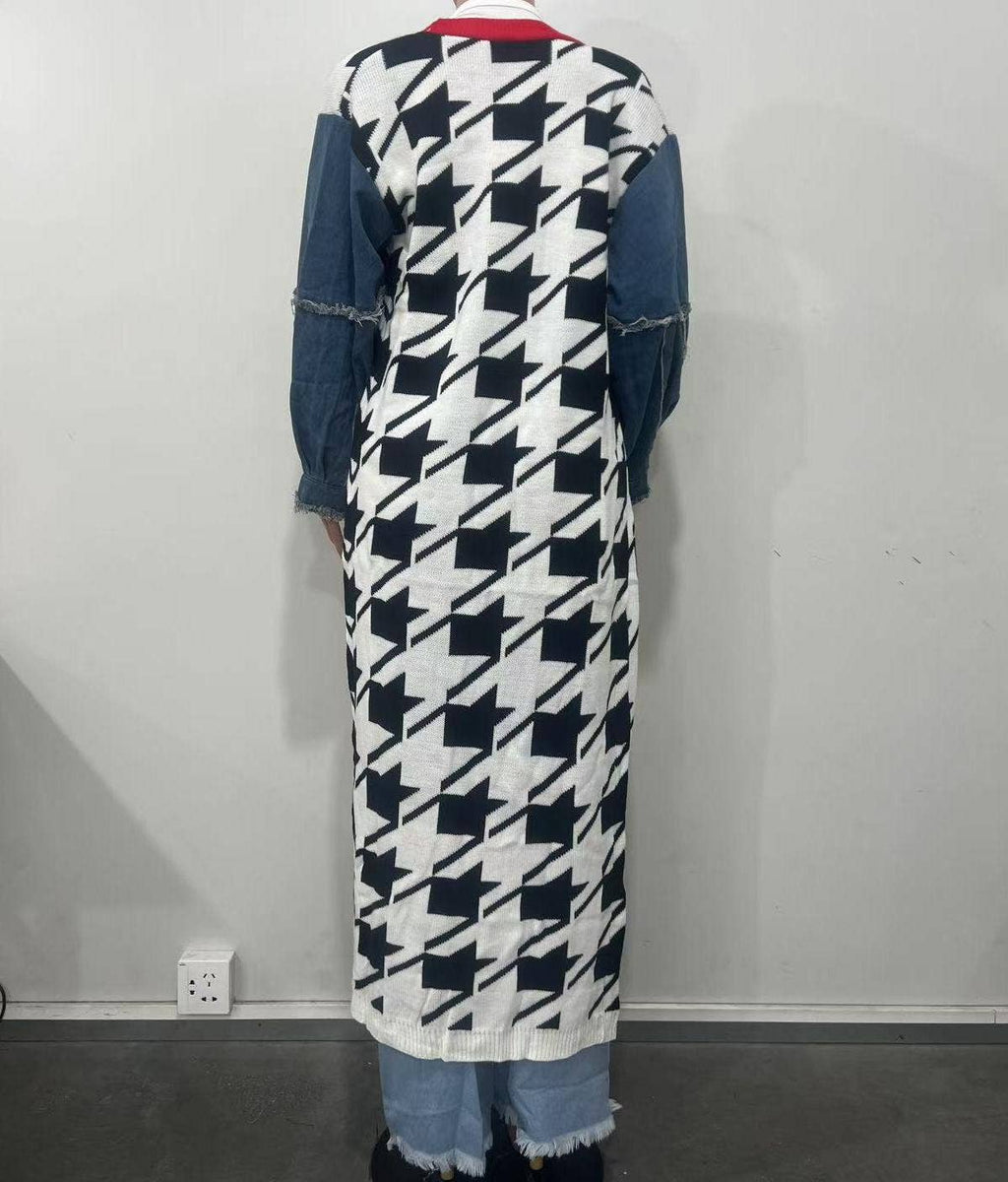 Houndstooth Pattern Denim Sleeve Spliced Long Cardigan