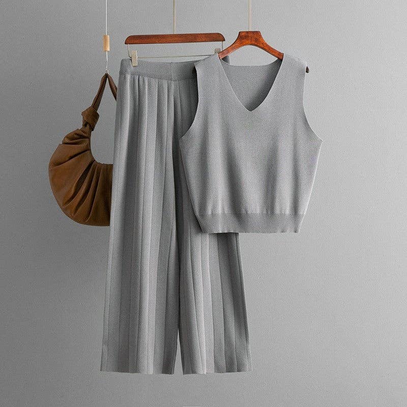 V Neck Solid Knit Tank Top High Waist Wide Leg Set