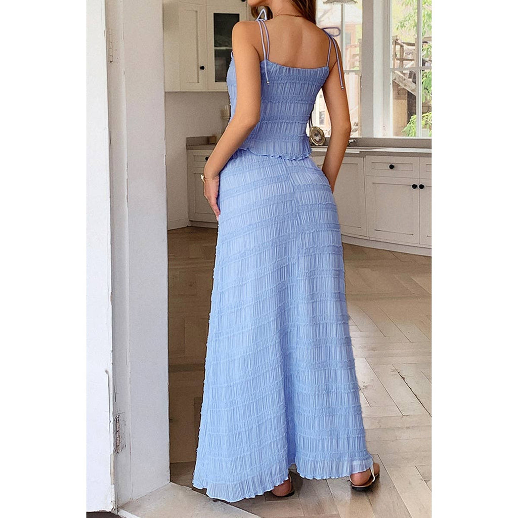 Solid Two Piece Strappy Maxi Skirt Crop Top Set
