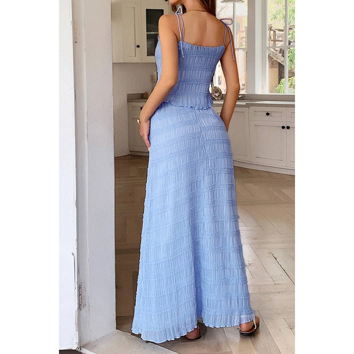 Solid Two Piece Strappy Maxi Skirt Crop Top Set