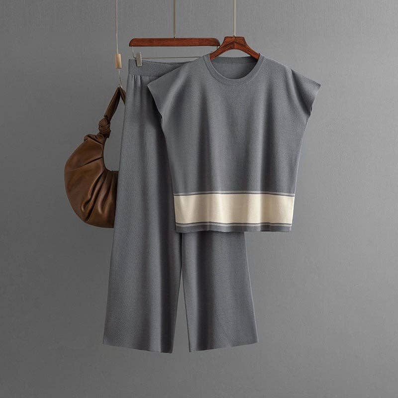 Knitted Colorblock Top Highwaist Wideleg Pants Set