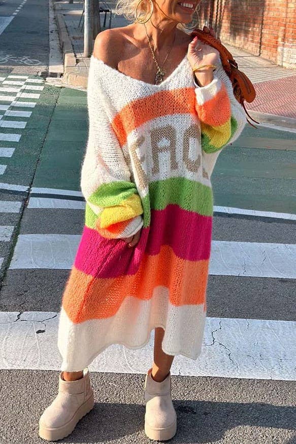 Peace Pattern Color Blocks Knit Midi Sweater Dress