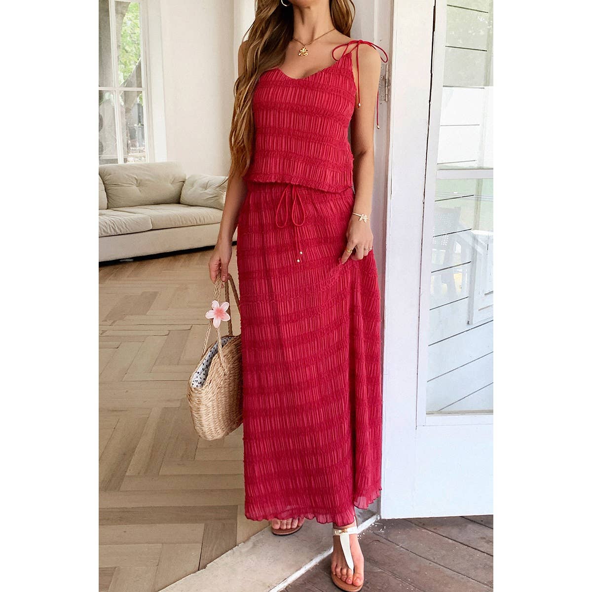Solid Two Piece Strappy Maxi Skirt Crop Top Set