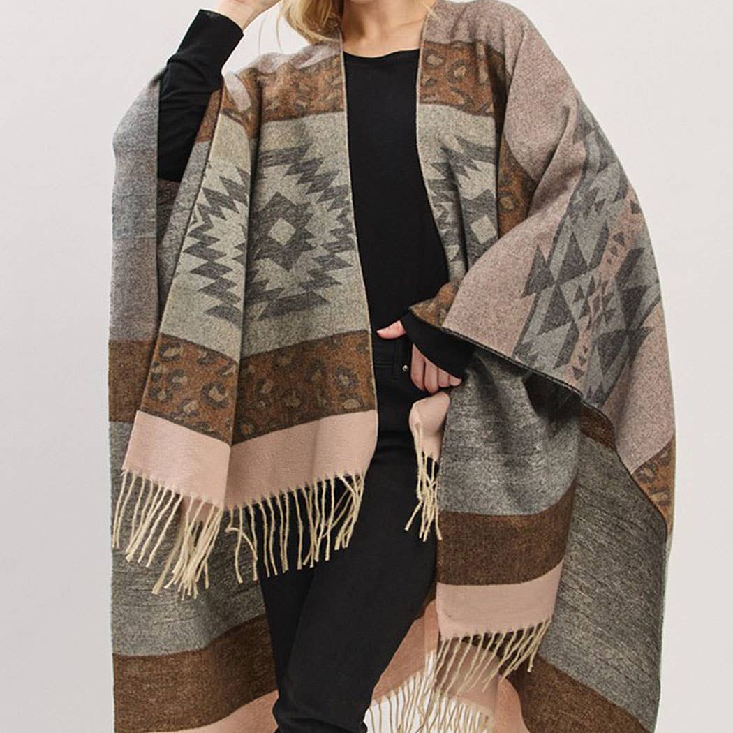 Aztec Leopard Pattern Fringe Ruana
