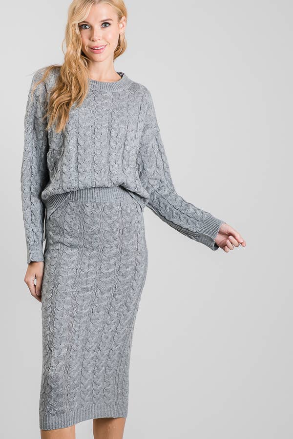 Chunky Cable Knit Sweater and Maxi Skirt Two Piece Set