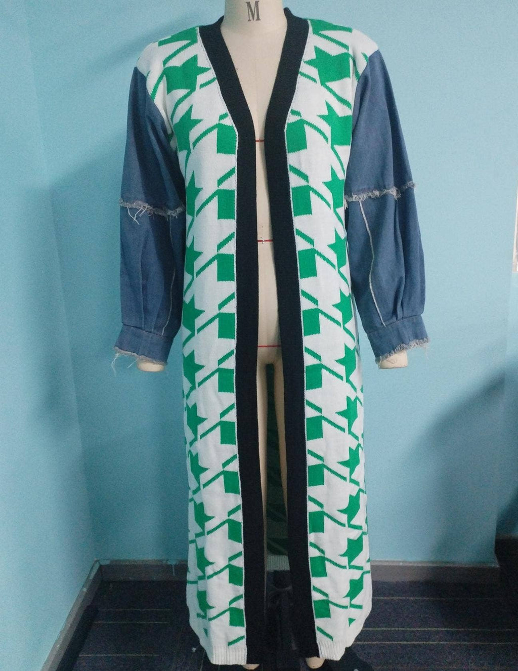 Houndstooth Pattern Denim Sleeve Spliced Long Cardigan