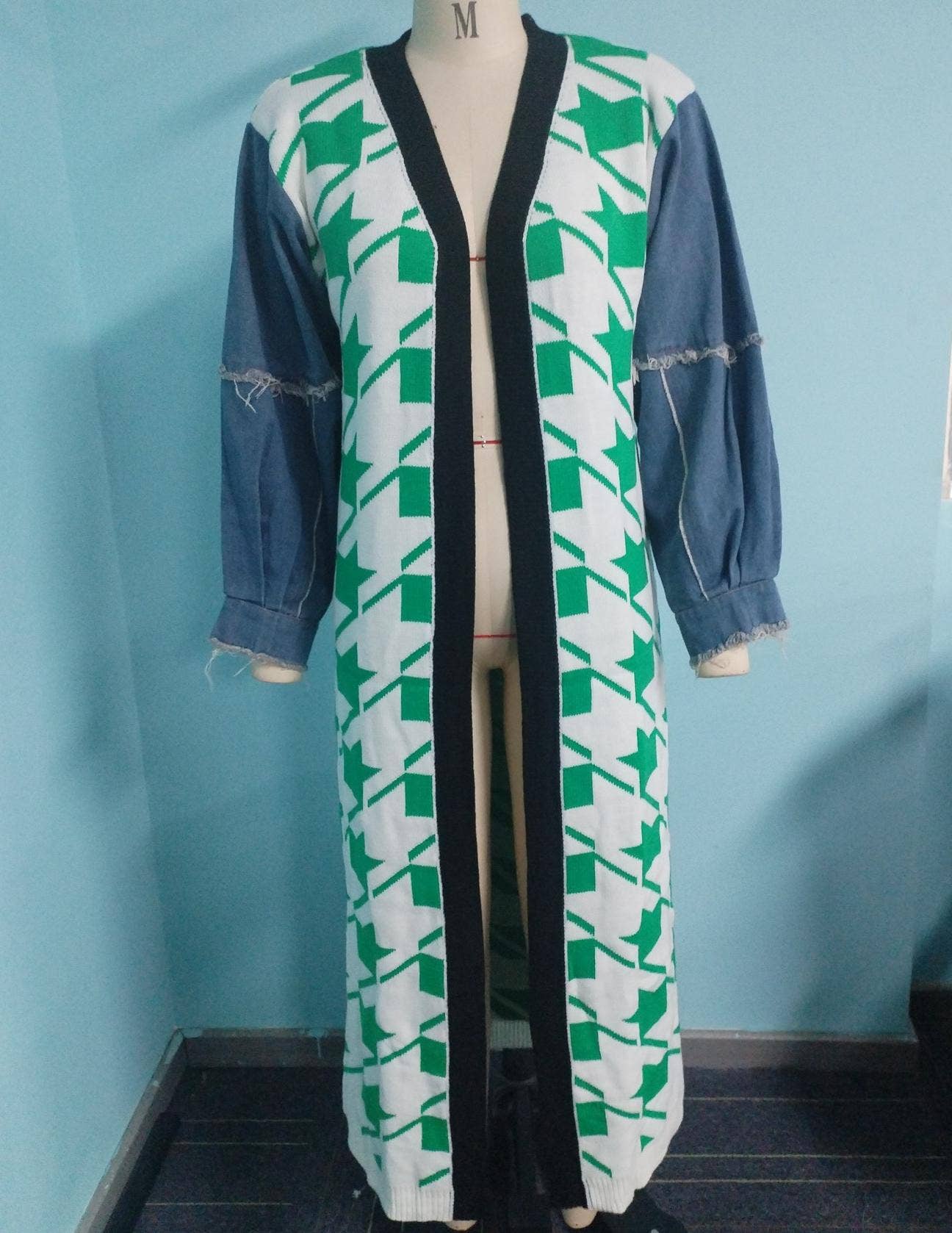 Houndstooth Pattern Denim Sleeve Spliced Long Cardigan