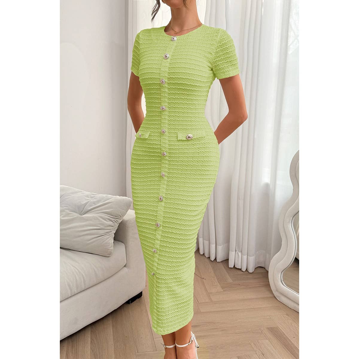 Solid Buckle Design Zipper Split Short Sleeve Dress