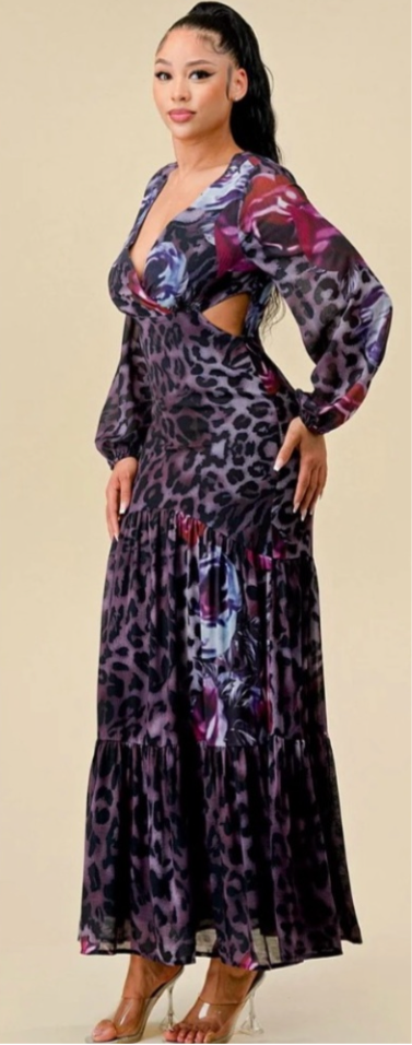 LONG SLEEVES V-NECK CUT OUT ANIMAL PRINT MAXI DRESS