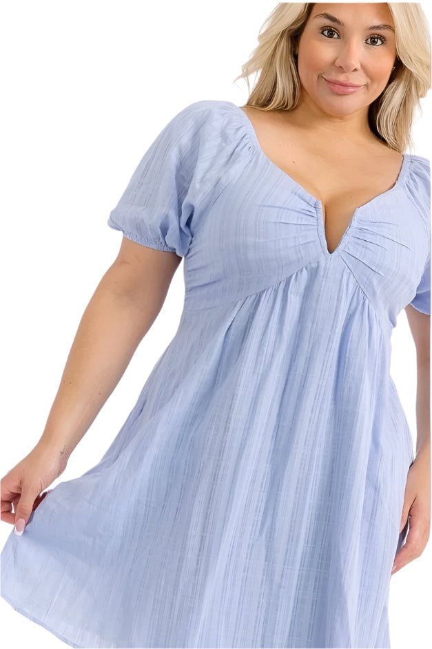 SHORT SLEEVE V-NECK SMOCK OPEN BACK MINI DRESS