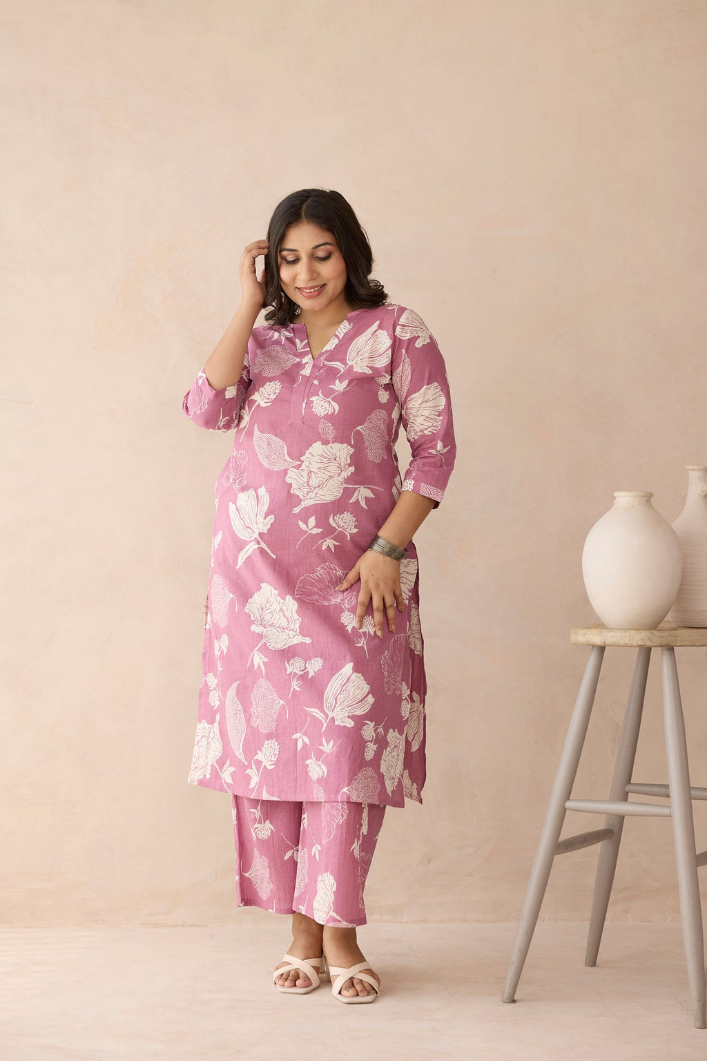 Mauve Pink Botanical Print Cotton Kurta Set