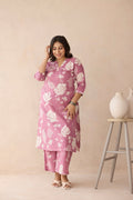 Mauve Pink Botanical Print Cotton Kurta Set