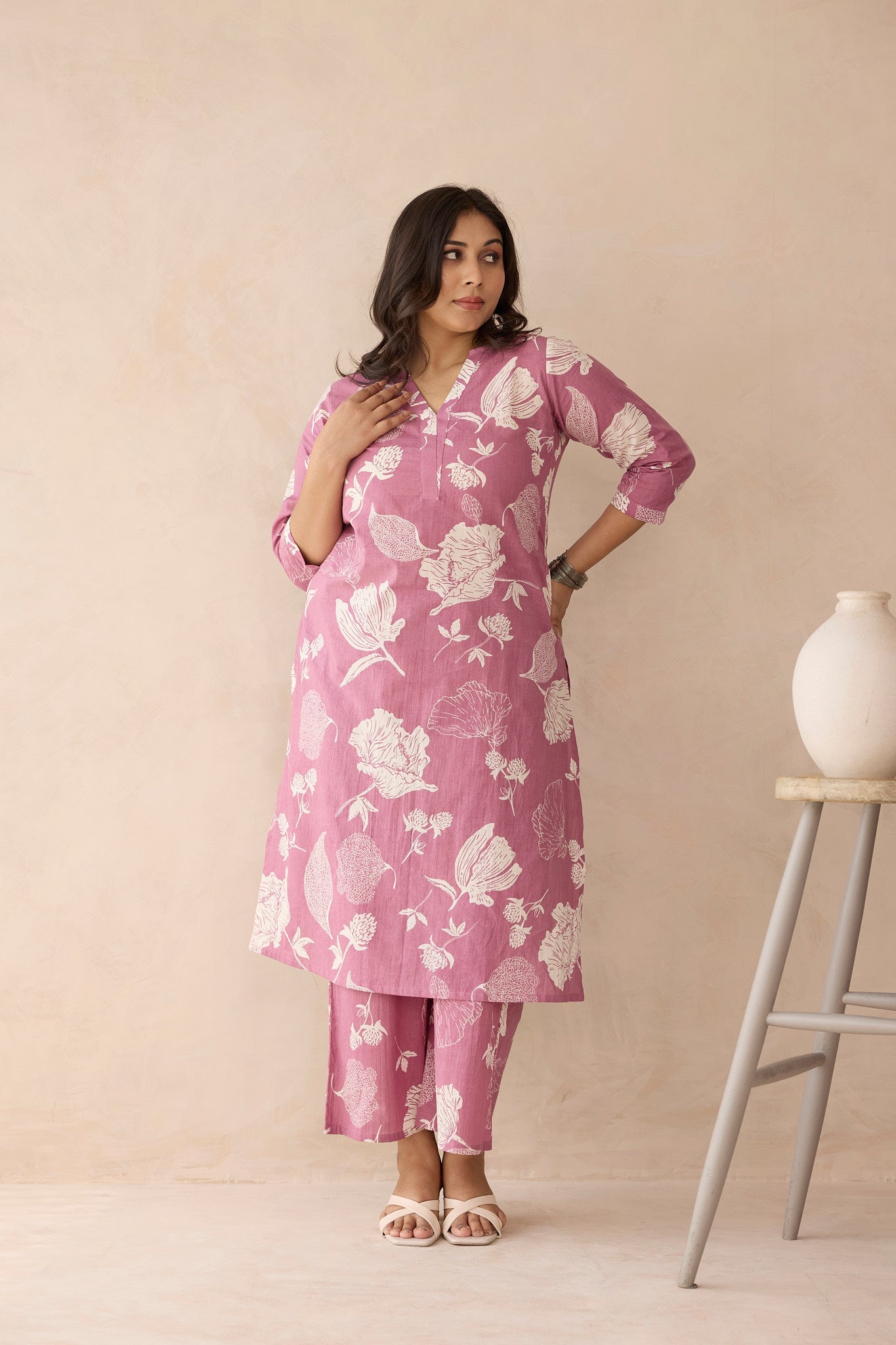 Mauve Pink Botanical Print Cotton Kurta Set