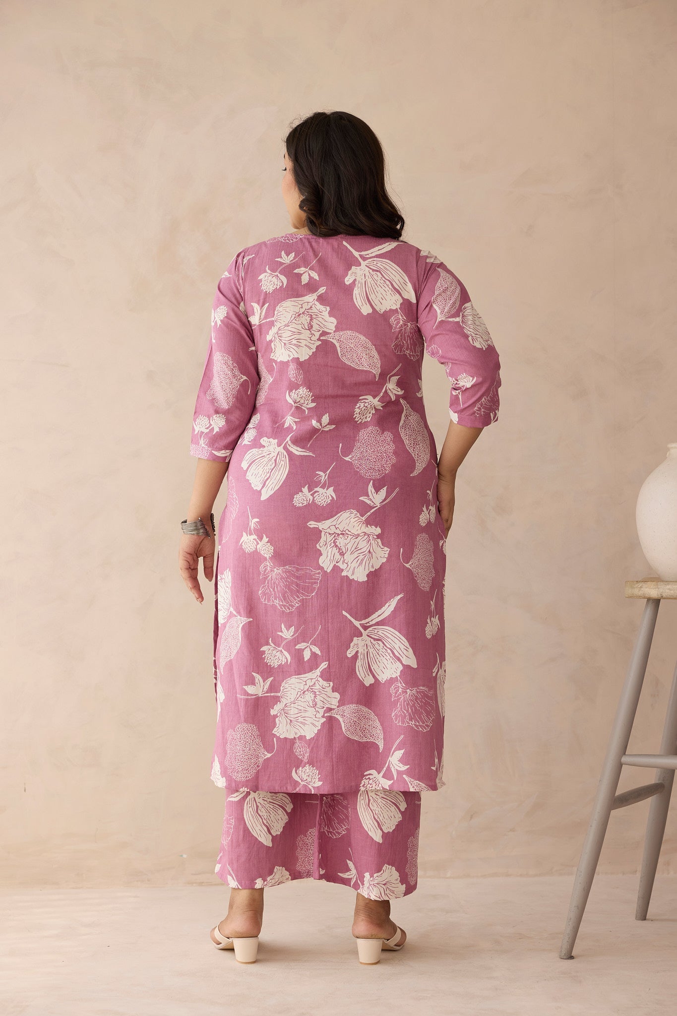 Mauve Pink Botanical Print Cotton Kurta Set