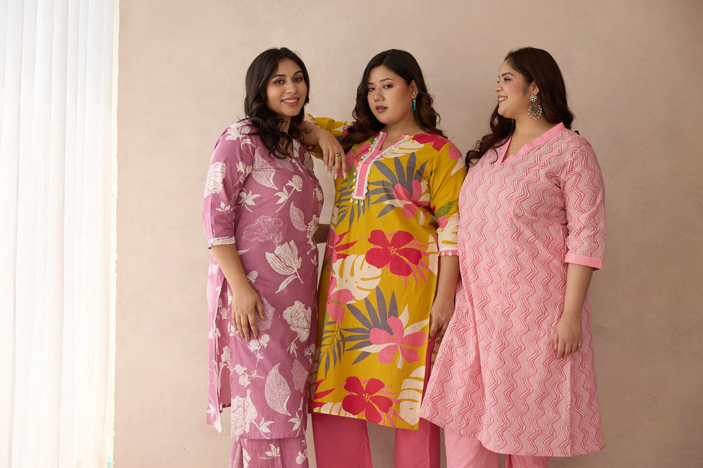 Mauve Pink Botanical Print Cotton Kurta Set