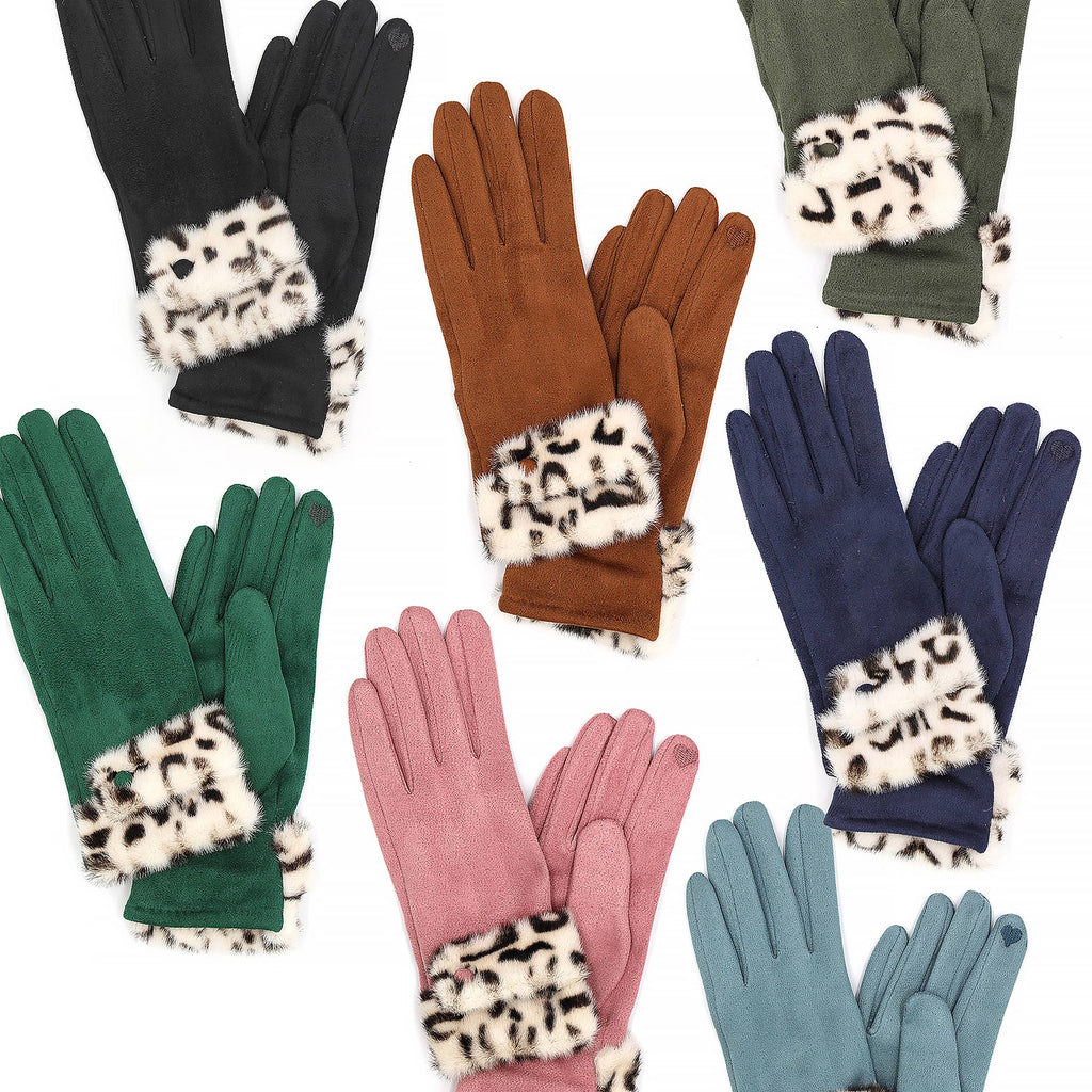 Leopard Faux Fur Cuff Smart Touch Winter Gloves