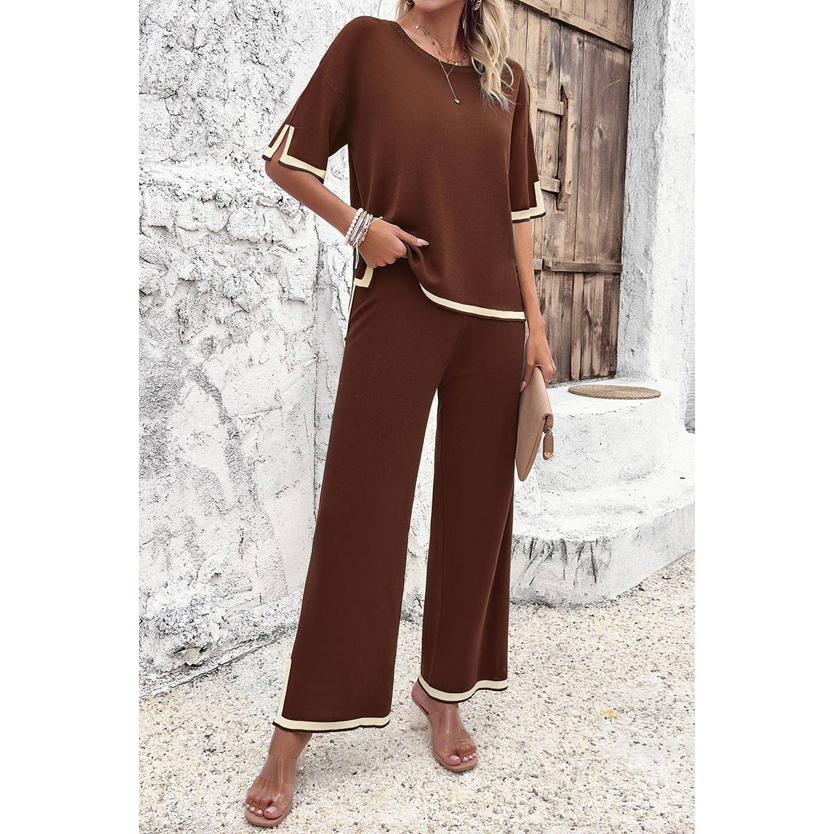 Two Pieces Outfits Knit Short Sleeve Wide Leg Lounge Sets