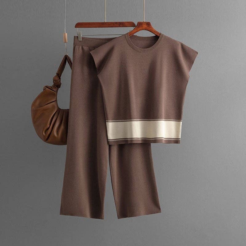 Knitted Colorblock Top Highwaist Wideleg Pants Set