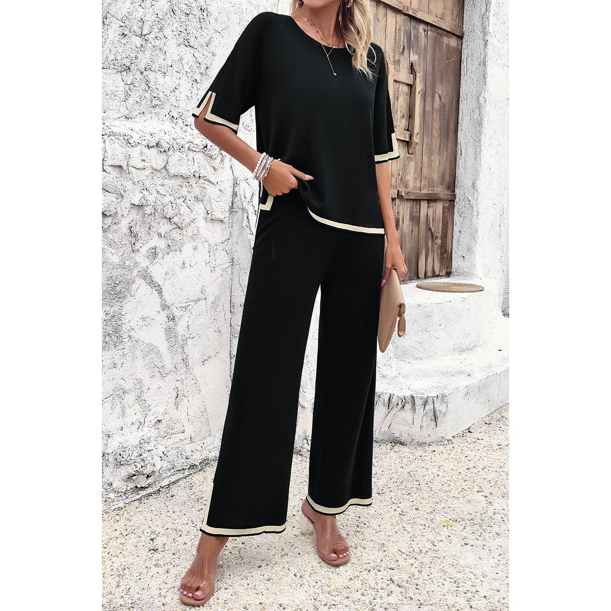 Two Pieces Outfits Knit Short Sleeve Wide Leg Lounge Sets