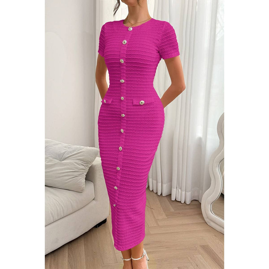 Solid Buckle Design Zipper Split Short Sleeve Dress