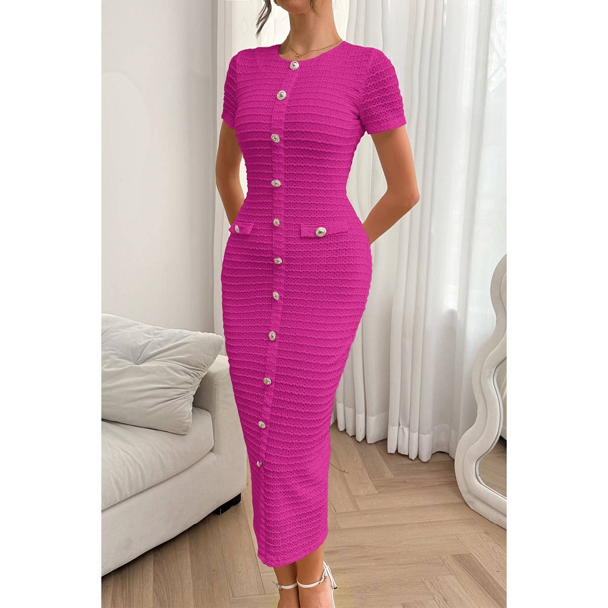 Solid Buckle Design Zipper Split Short Sleeve Dress