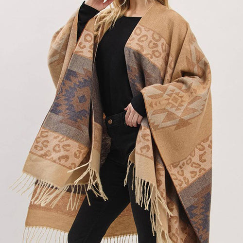 Aztec Leopard Pattern Fringe Ruana