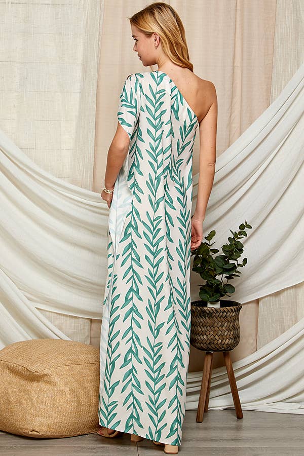 One Shoulder Leaf Print Maxi Dress. LF-5146IMD