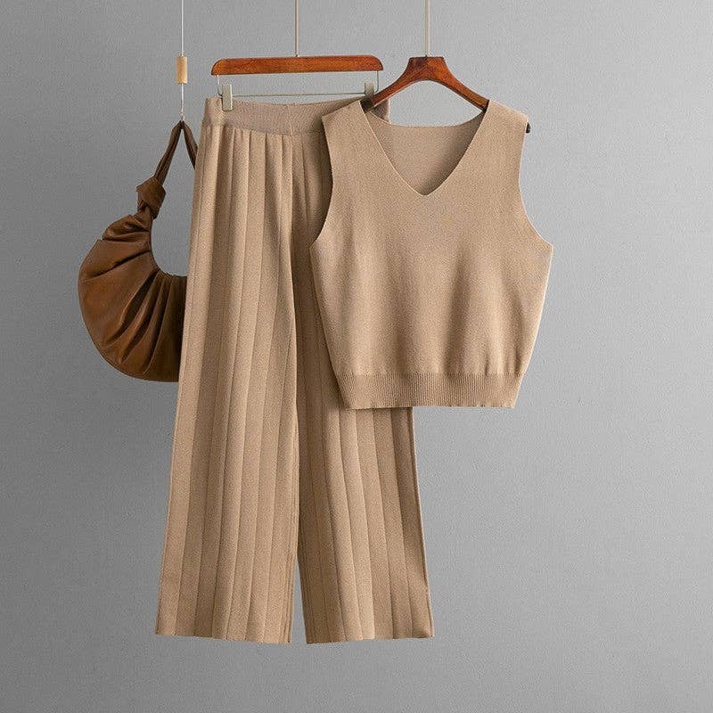 V Neck Solid Knit Tank Top High Waist Wide Leg Set