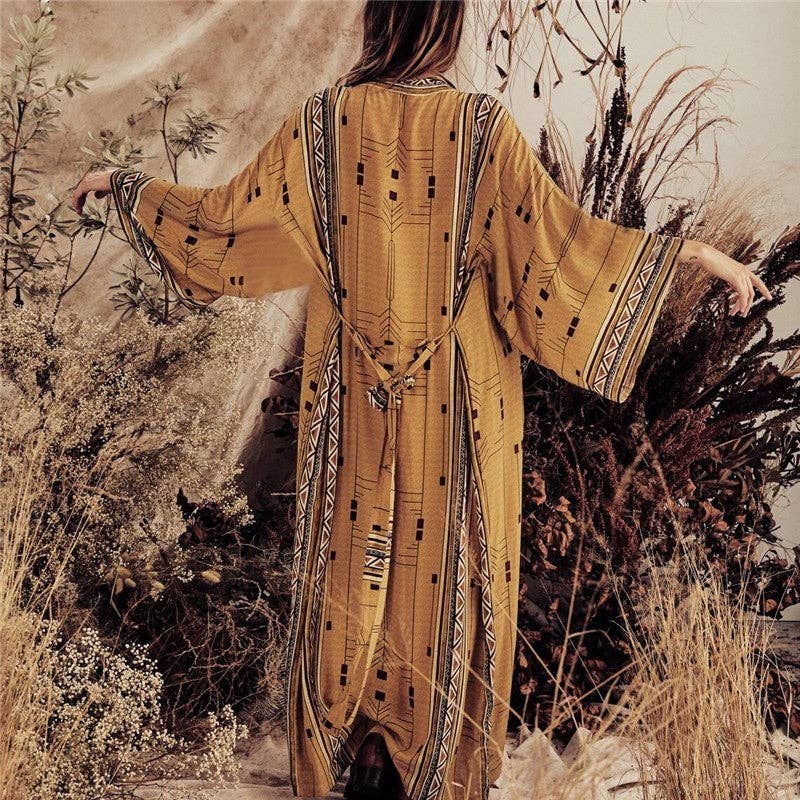 Longline Loose Fit Printed Cardigan With Tie Waist