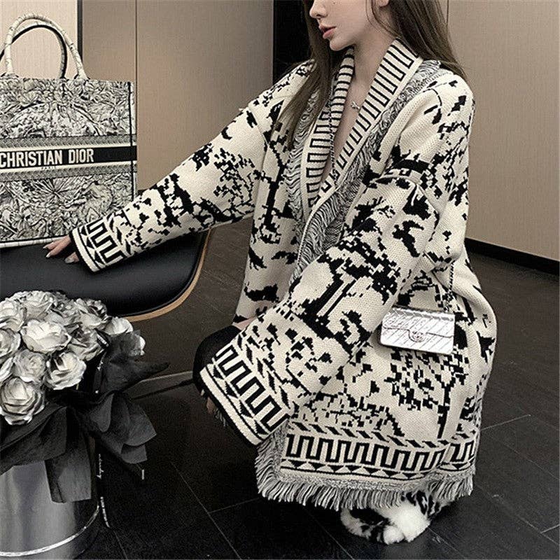 Color Block Retro Loose Embossed Tassel Knitted Cardigan