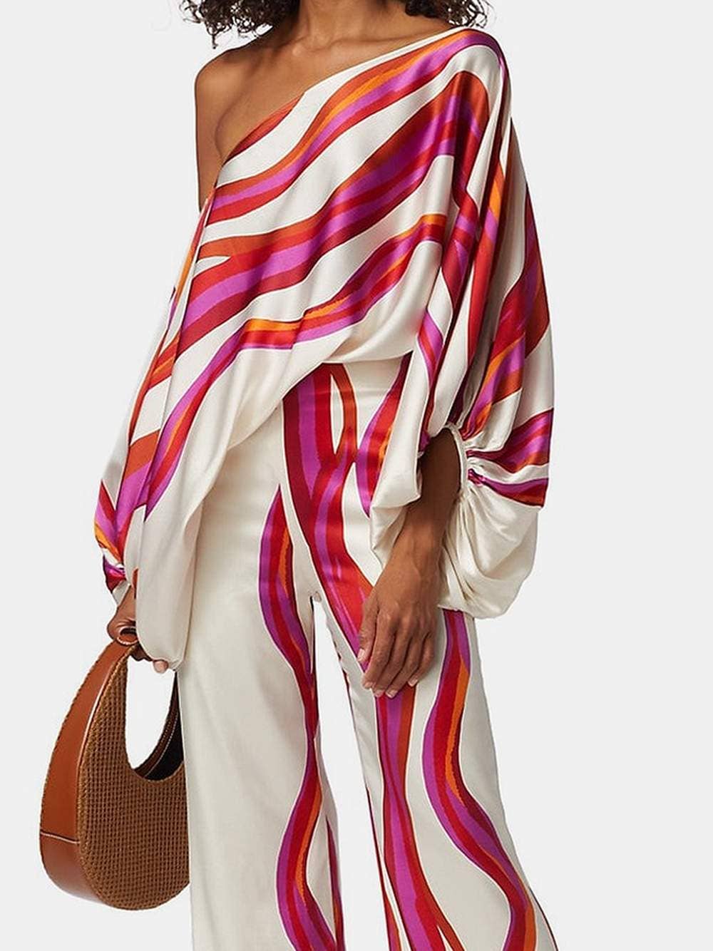 Shoulder blouses and casual pants two pieces set