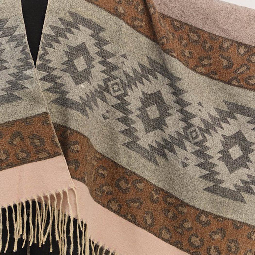 Aztec Leopard Pattern Fringe Ruana
