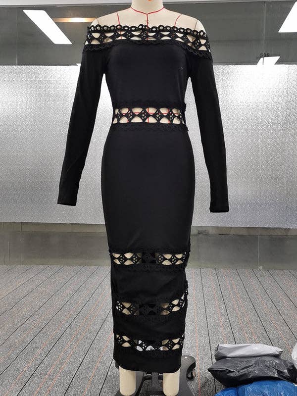 Bodycon Long Sleeves Hollow Solid Color Split-Joint Off-The-Shoulder Midi Dresses