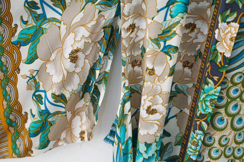 Peacock & Floral Print Belted Long Kimono Robe