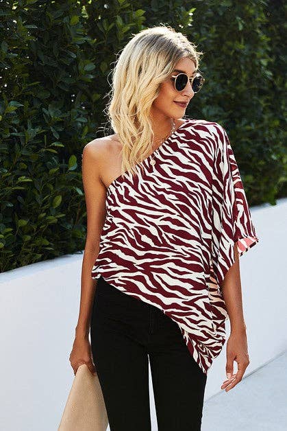One Shoulder Animal Print Loose Fit Top