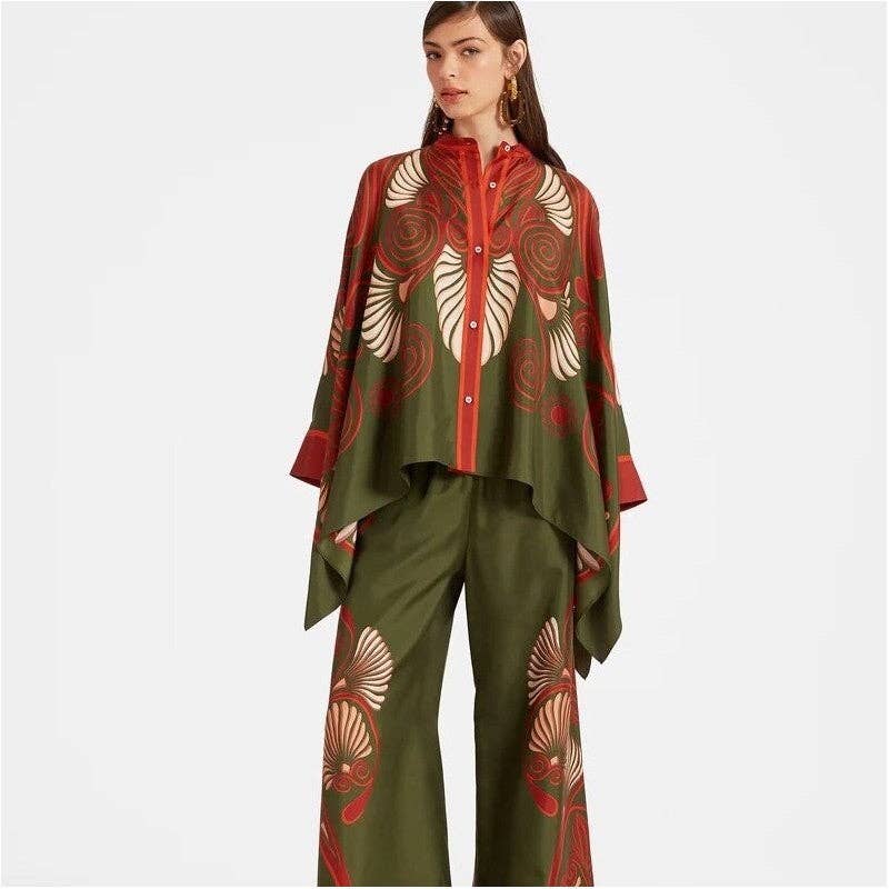 Printed Stand Collar Irregular Top And Pants Set