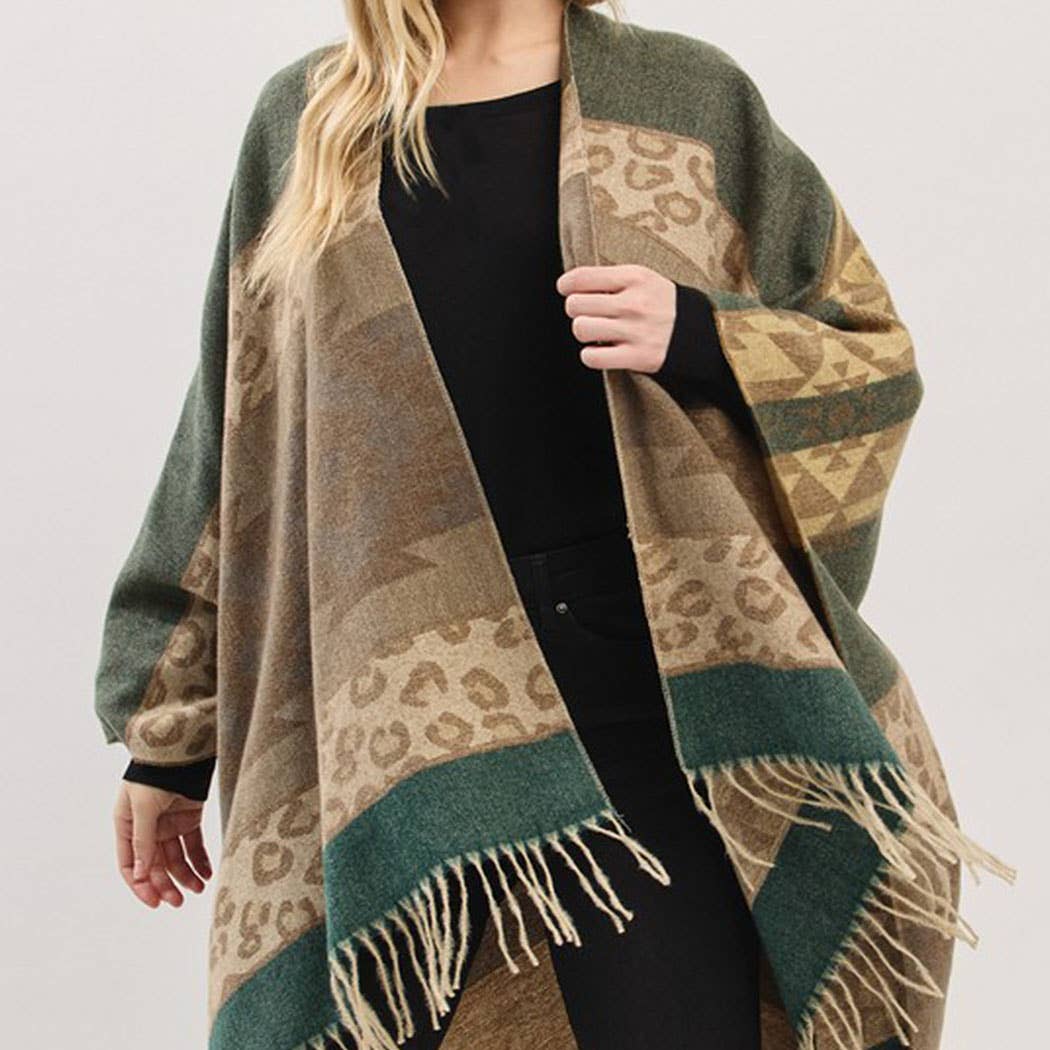 Aztec Leopard Pattern Fringe Ruana