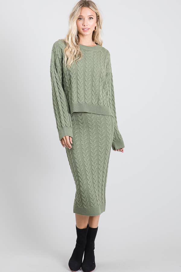 Chunky Cable Knit Sweater and Maxi Skirt Two Piece Set